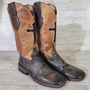 Women's Ferrini Tooled Cross Western Brown Leather Rodeo Cowboy Boots Size 7.5 B